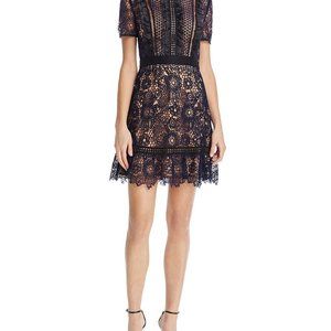 AQUA Ruffled Lace Navy / Nude Dress